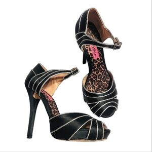 Betsey Johnson Peep Toe Strappy Stiletto Dress Platform Heels Black/Silver 6 M